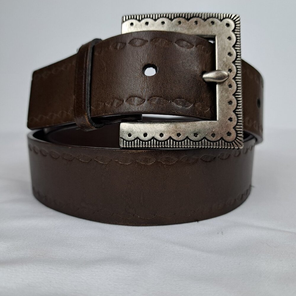 Southwestern Style Leather Embossed Belt Large Silver Tone Buckle